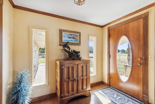 foyer entrance with a wealth of natural light, ornamental molding, and hardwood / wood-style floors