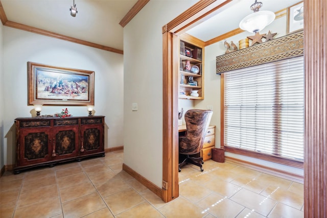 corridor with ornamental molding, built in shelves, and light tile patterned floors