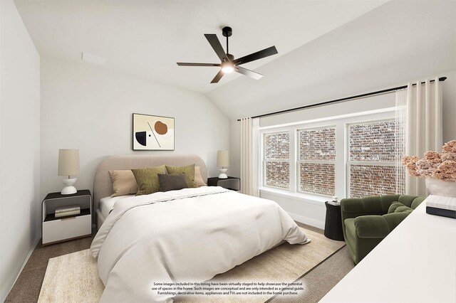 bedroom with ceiling fan, light colored carpet, and vaulted ceiling