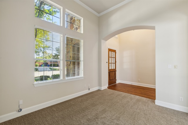 empty room featuring carpet floors, ornamental molding, and a wealth of natural light