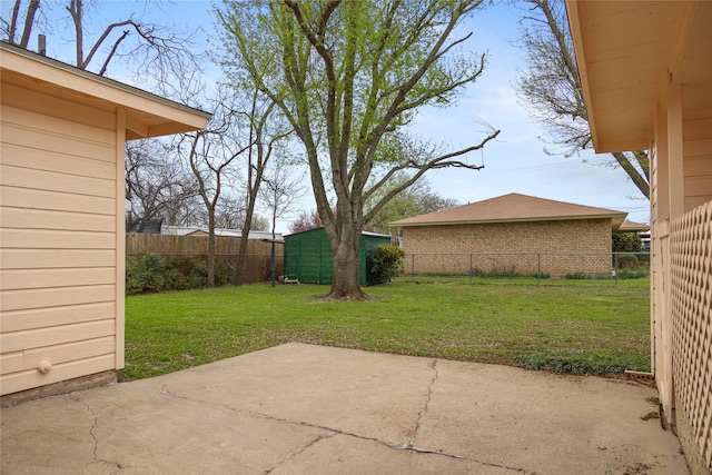 view of patio / terrace featuring a storage unit