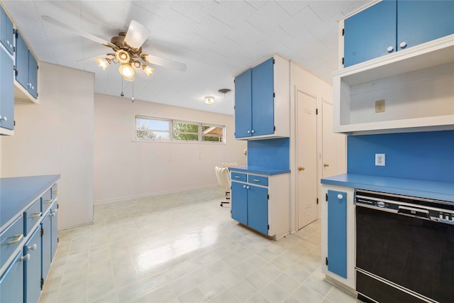 kitchen featuring ceiling fan, dishwasher, and blue cabinetry