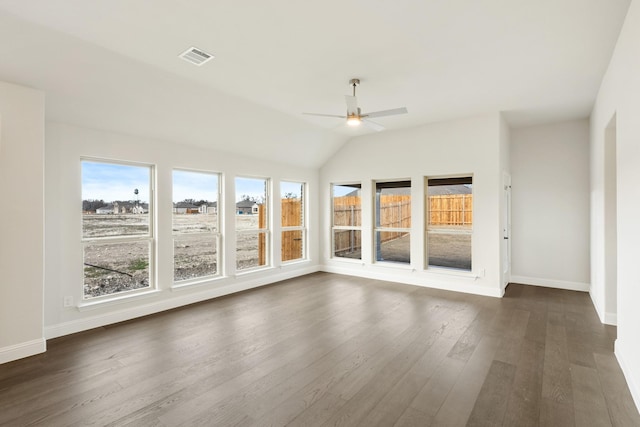 unfurnished sunroom with ceiling fan and lofted ceiling