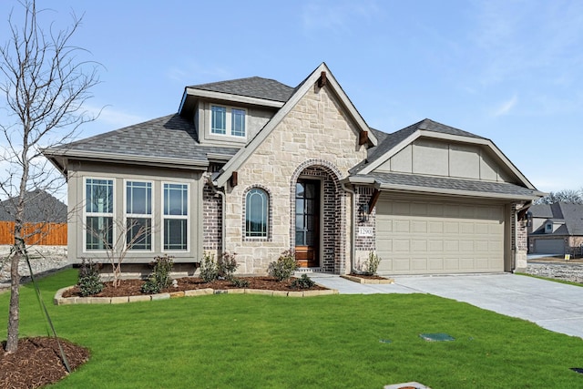 view of front facade with a front yard and a garage