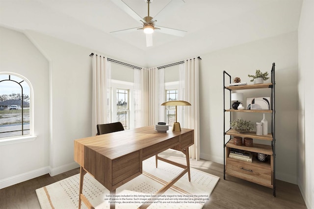 office with ceiling fan, dark wood-type flooring, and plenty of natural light