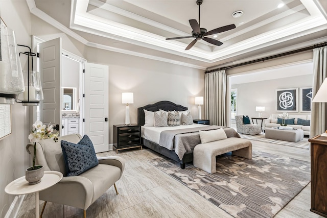5108 Cantera Way, Benbrook, TX 76126 - bedroom featuring crown molding, a raised ceiling, and ceiling fan