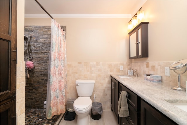 bathroom with vanity, toilet, tile walls, and a shower with shower curtain