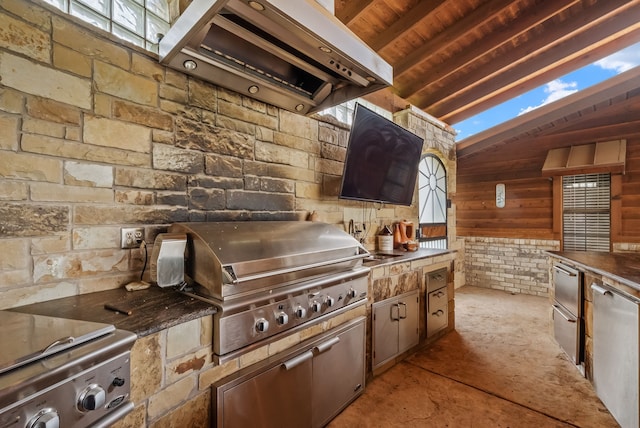 kitchen with wood walls and vaulted ceiling with beams