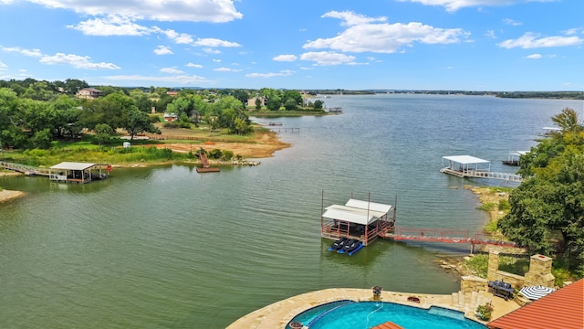 exterior space with a water view