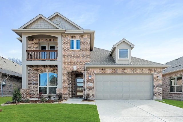 view of front facade featuring a balcony, a garage, and a front yard