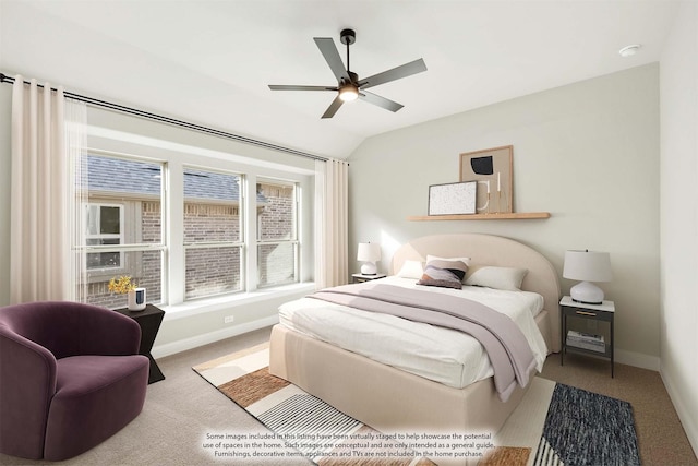 carpeted bedroom featuring ceiling fan, lofted ceiling, and multiple windows