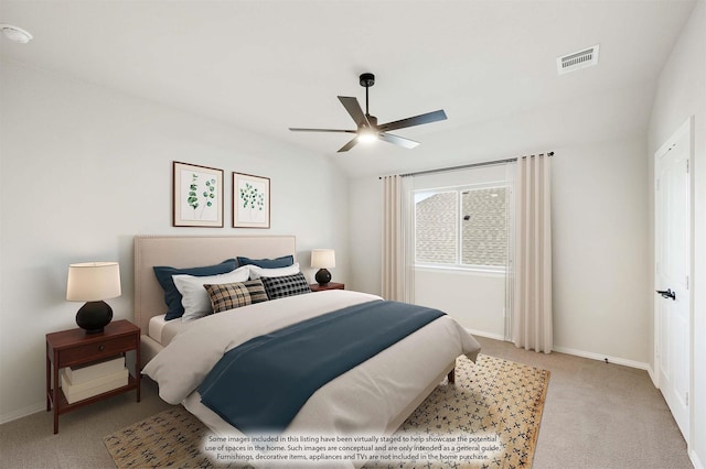 carpeted bedroom featuring ceiling fan