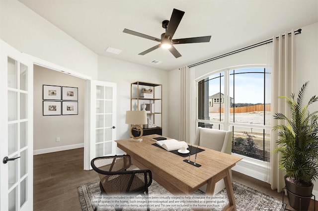 office space with ceiling fan, french doors, and dark hardwood / wood-style flooring