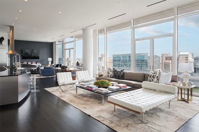 living room featuring expansive windows, sink, and hardwood / wood-style floors