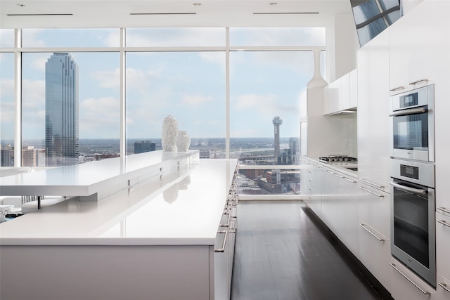 kitchen with a healthy amount of sunlight, white cabinetry, dark wood-type flooring, and stainless steel appliances