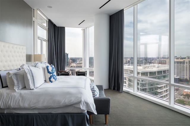 carpeted bedroom with multiple windows and expansive windows