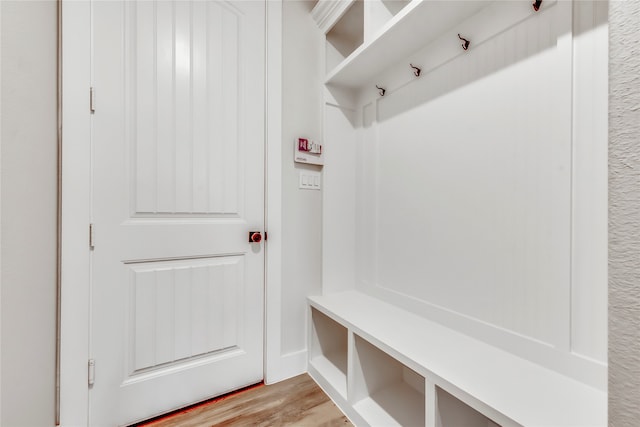 mudroom with light hardwood / wood-style flooring