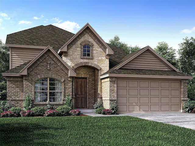 french country style house with a garage and a front yard