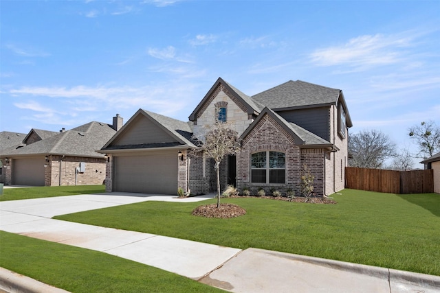 french country inspired facade with brick siding, fence, concrete driveway, a front yard, and an attached garage