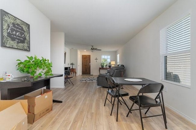 dining space featuring ceiling fan and light wood-type flooring