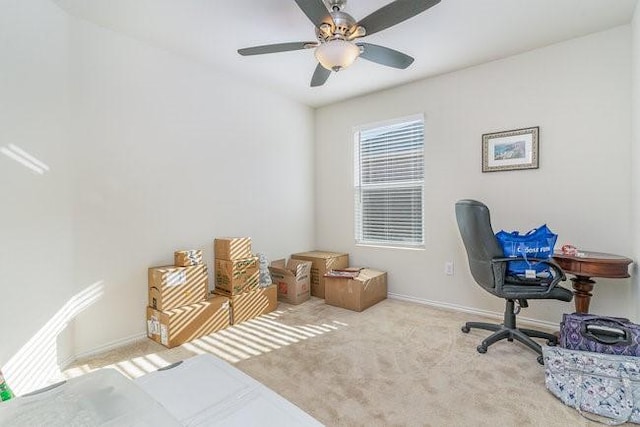 carpeted office space featuring ceiling fan