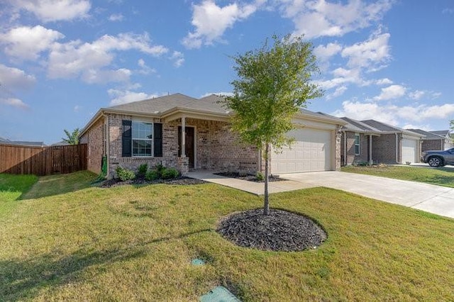 single story home featuring a front lawn and a garage