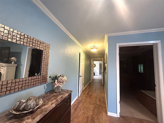 corridor with wood-type flooring and ornamental molding