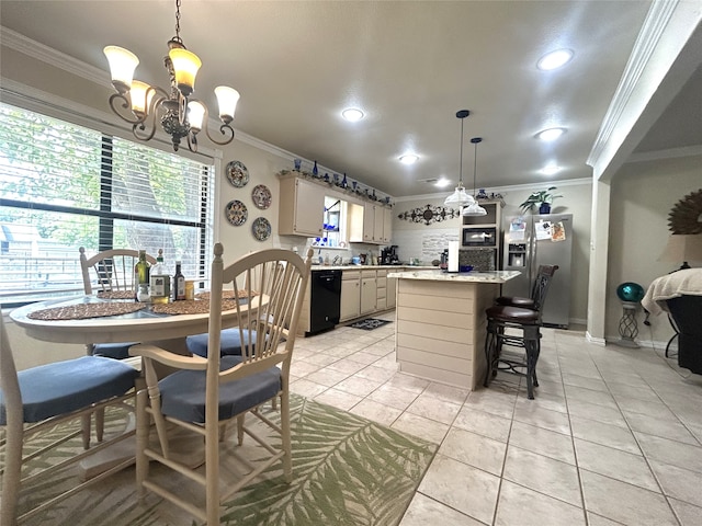 kitchen with stainless steel fridge, ornamental molding, pendant lighting, an inviting chandelier, and black dishwasher