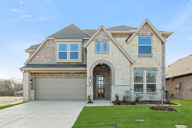 view of front of home with a front yard and a garage