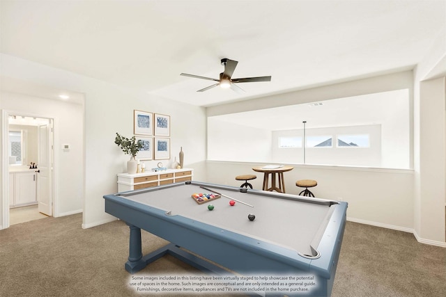 playroom with pool table, carpet floors, and ceiling fan