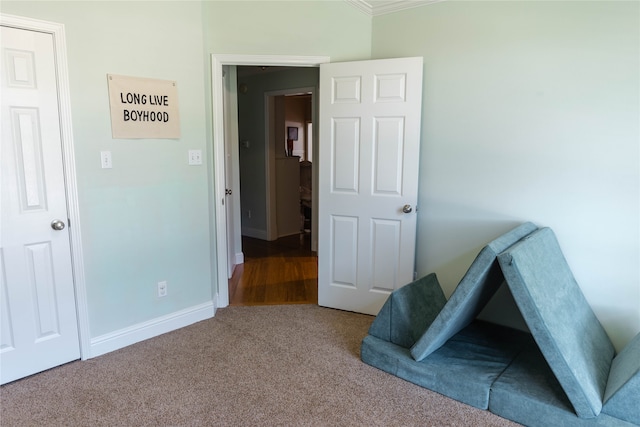 interior space featuring crown molding and carpet flooring