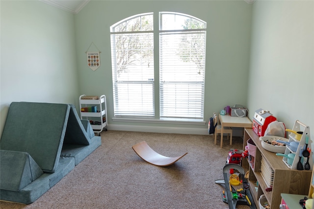 game room with crown molding and light colored carpet