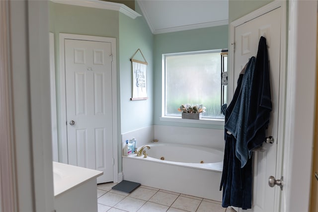 bathroom with a tub to relax in, crown molding, and tile patterned flooring