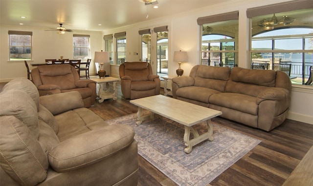 living room featuring ceiling fan, dark hardwood / wood-style flooring, and a healthy amount of sunlight