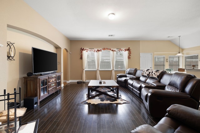 living room with lofted ceiling and dark hardwood / wood-style flooring