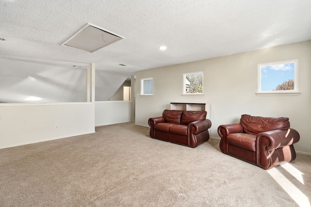 living room with light colored carpet, a textured ceiling, and vaulted ceiling