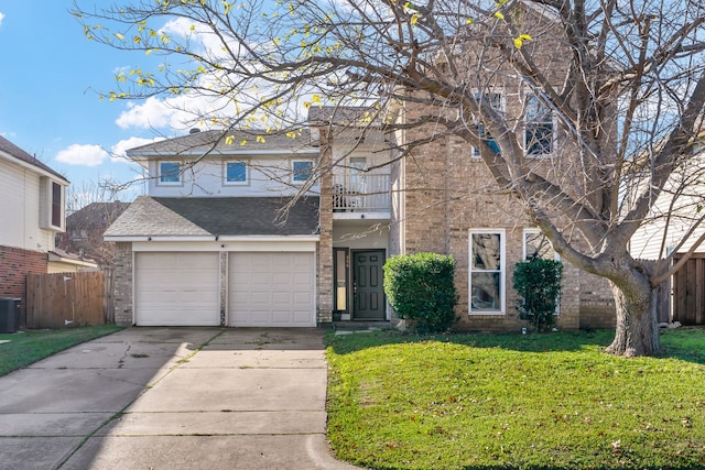 view of front of property with central AC unit, a garage, a balcony, and a front lawn