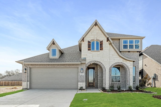 french provincial home with a garage and a front lawn