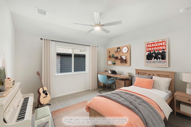 carpeted bedroom featuring ceiling fan and lofted ceiling