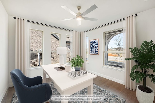 office featuring ceiling fan and wood-type flooring