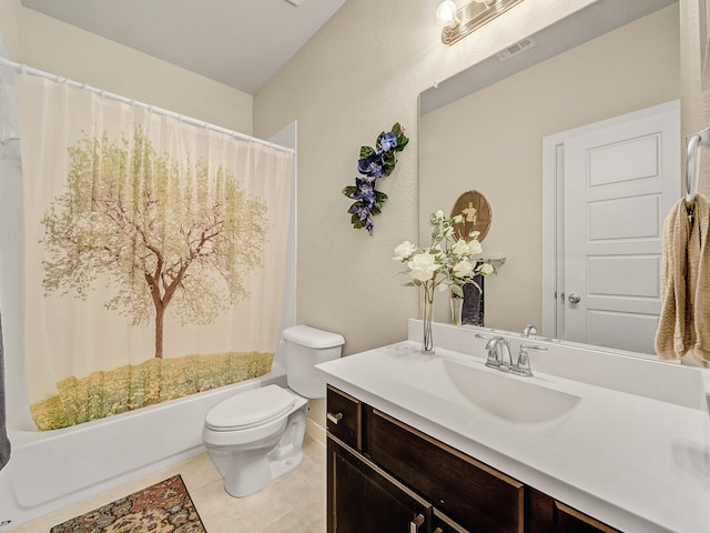 full bathroom featuring tile patterned flooring, vanity, shower / bath combo, and toilet