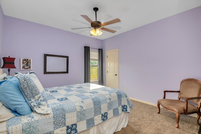 bedroom with ceiling fan and carpet