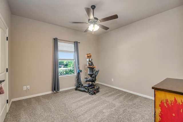 exercise room featuring ceiling fan and carpet