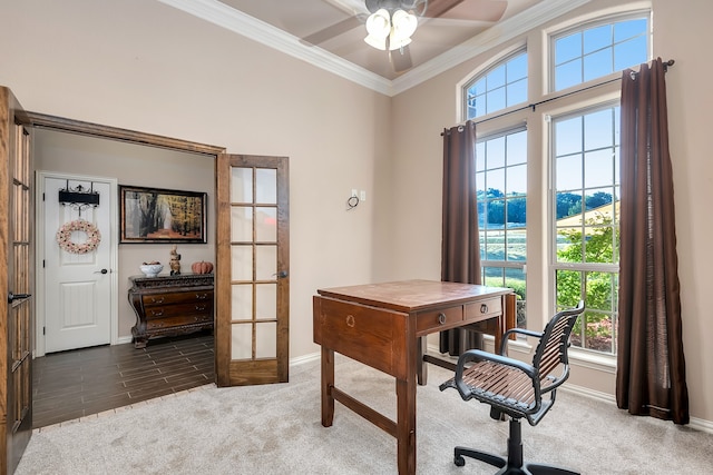 office area featuring ornamental molding, a wealth of natural light, dark wood-type flooring, and french doors