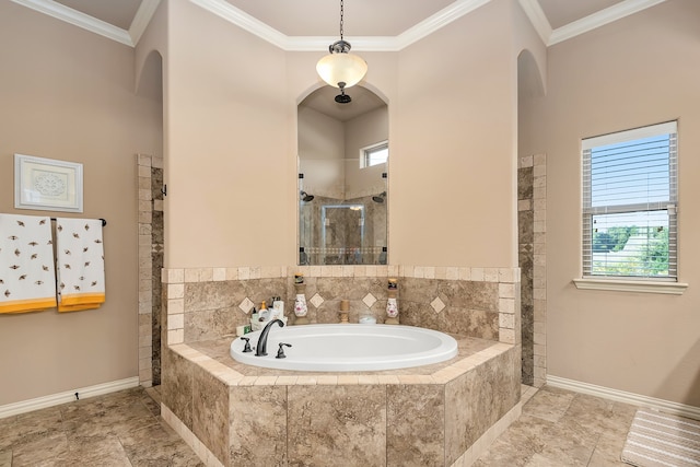 bathroom with shower with separate bathtub and crown molding