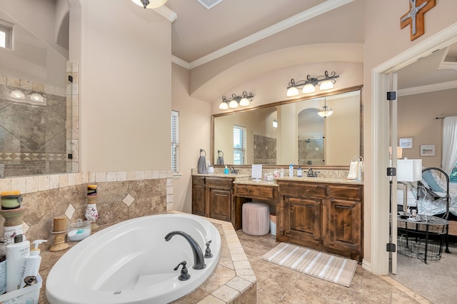 bathroom with vanity, plus walk in shower, and ornamental molding