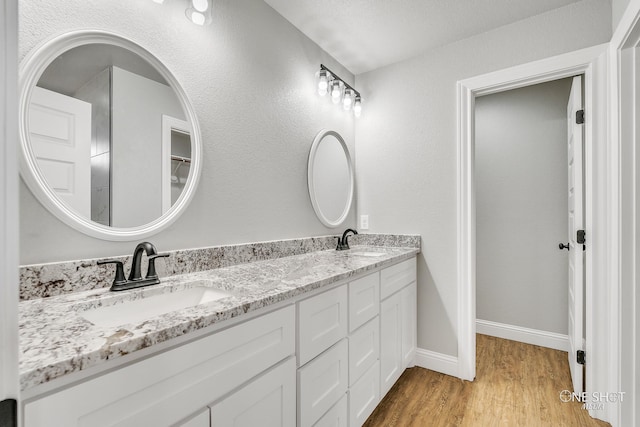 bathroom with vanity and hardwood / wood-style floors