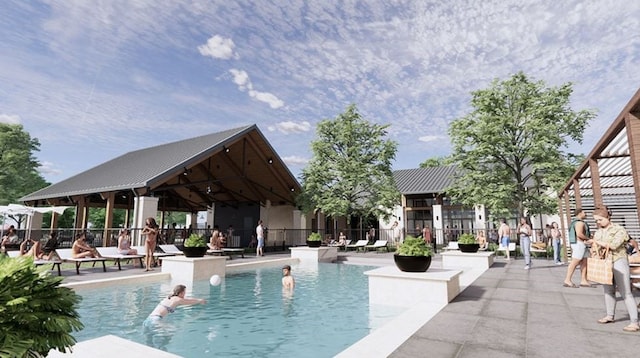 view of swimming pool featuring a gazebo and a patio