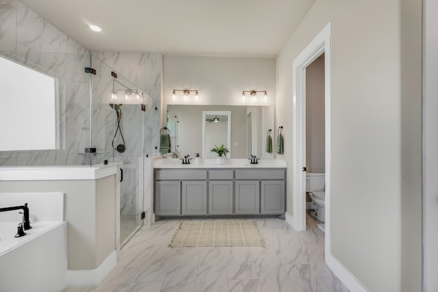 full bathroom with independent shower and bath, vanity, and toilet