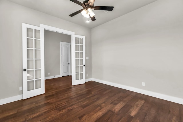 unfurnished room featuring dark hardwood / wood-style floors, ceiling fan, and french doors